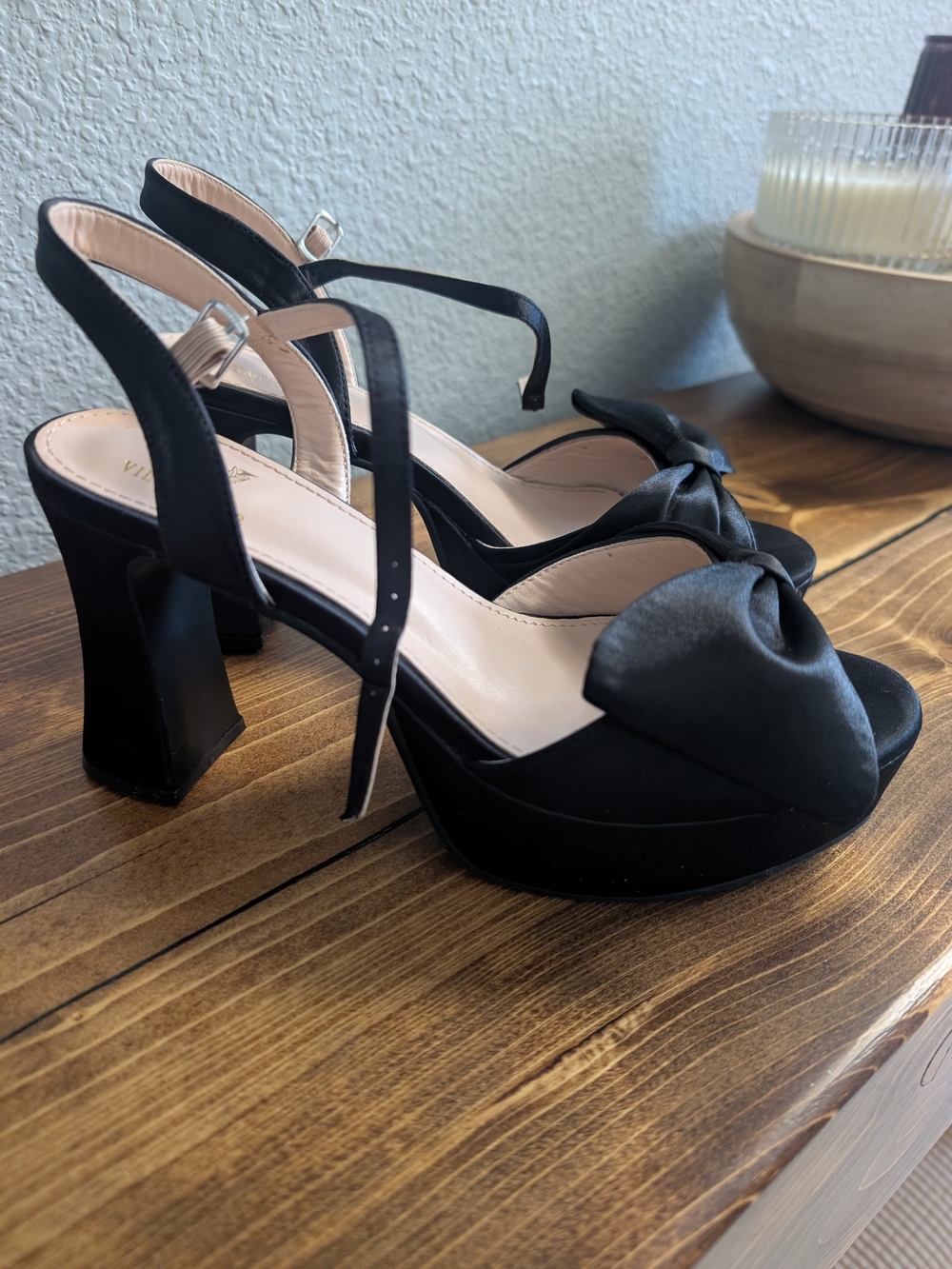 Black Satin Bow Platform Slingback Heels - Women's